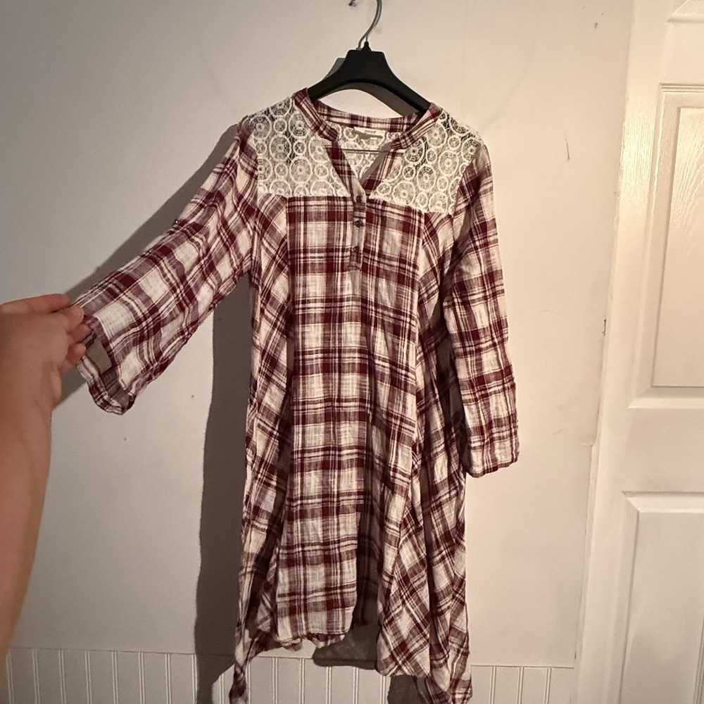 Oddi Dress Medium Plaid Asymmetrical Button Down Dress Lace Rodeo Festival
